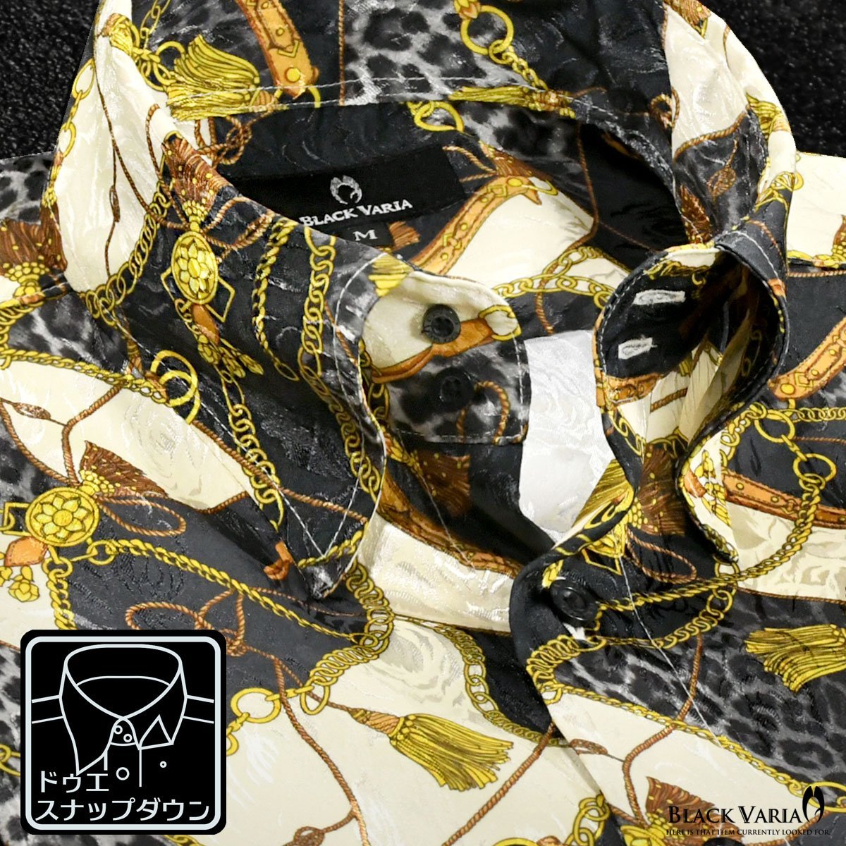 181718-gobk BLACK VARIA ドゥエボットーニ 豹×鎖スカーフ柄 スナップダウン ジャガードドレスシャツ メンズ(ゴールド金ブラック黒) M