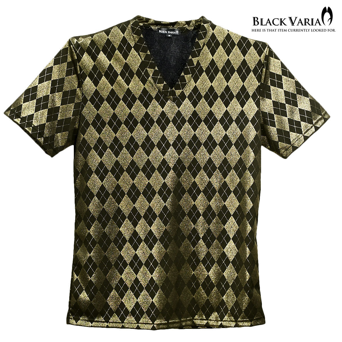 9#193208-gobk BLACK VARIA アーガイル ラメ 半袖 Vネック Tシャツ メンズ ダイヤ柄 ストレッチ スリム(ゴールド金ブラック黒) L 派手_画像5