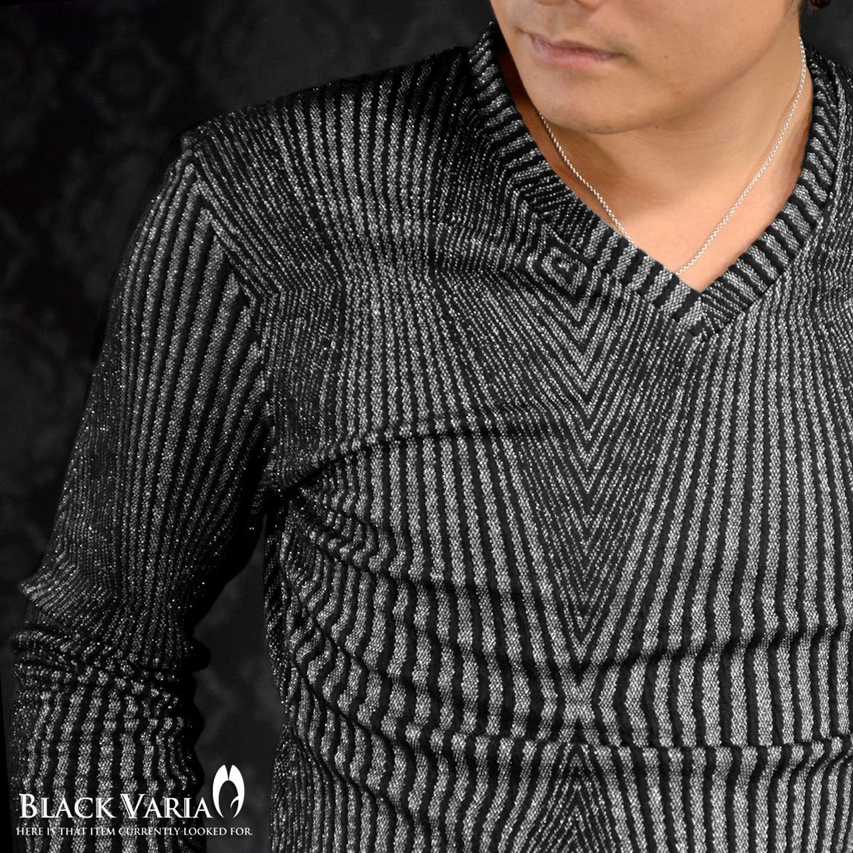 163901-si ブラックバリア 光沢 ラメ糸 幾何学 ダイヤ柄 Vネック ニット 長袖Tシャツ メンズ(シルバー銀ブラック黒) XL 日本製 ロンT_画像2