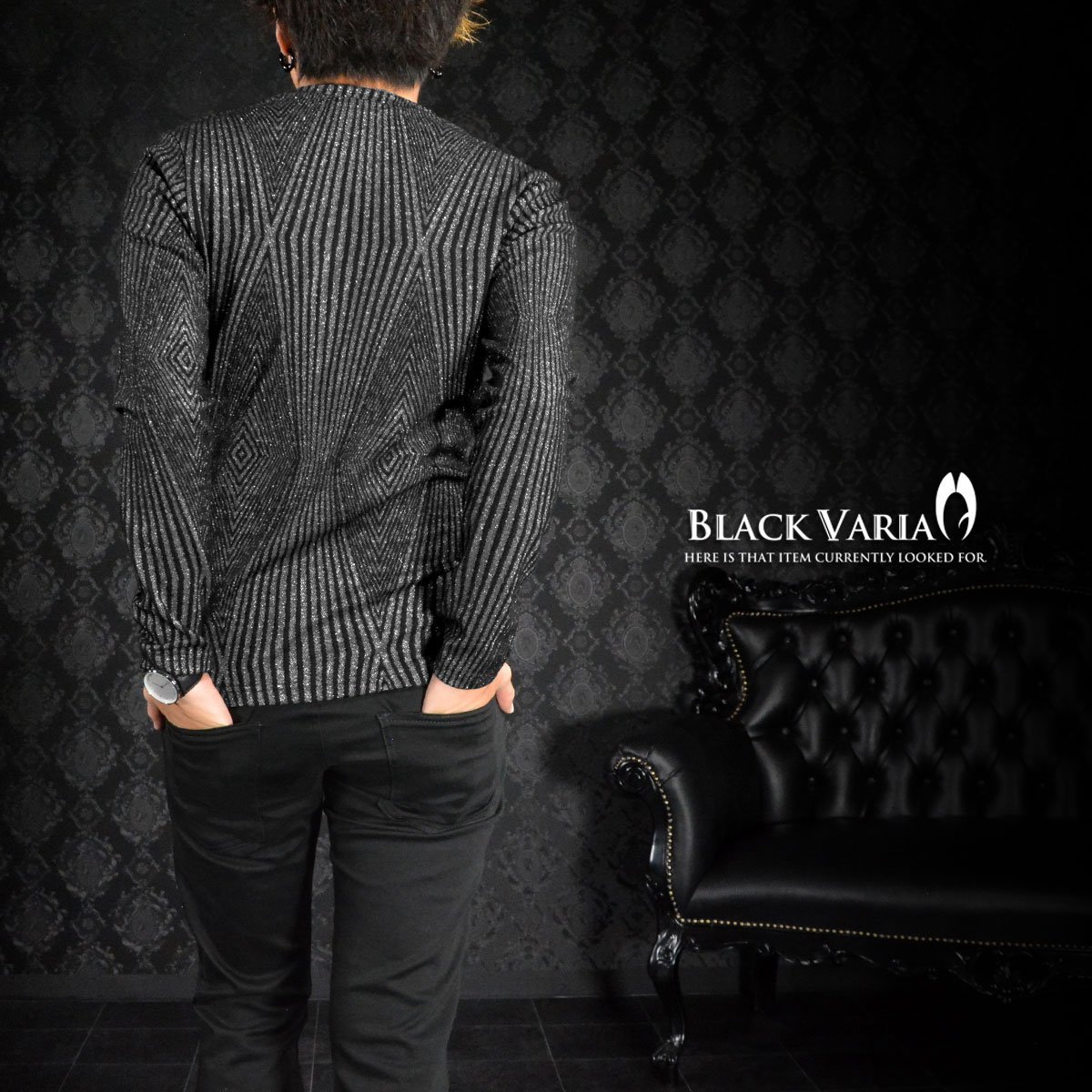 163901-si ブラックバリア 光沢 ラメ糸 幾何学 ダイヤ柄 Vネック ニット 長袖Tシャツ メンズ(シルバー銀ブラック黒) XL 日本製 ロンT_画像5
