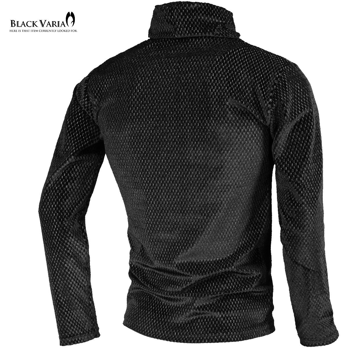 233704-bksi BLACK VARIA タートルネックシャツ 幾何学 ベロア ラメ 長袖 ストレッチ mens メンズ(ブラック黒シルバー銀) M_画像2