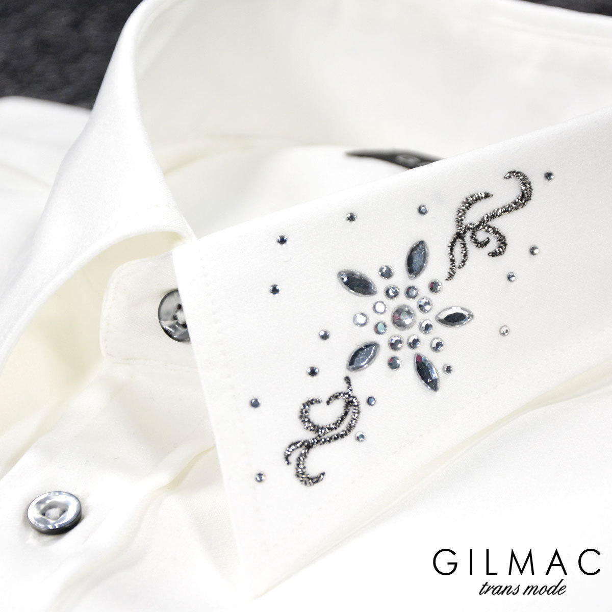 36740-1 GILMAC 無地 レギュラーカラー 襟 花 ラインストーン 長袖サテンドレスシャツ メンズ(ホワイト白) S 結婚式 パーティー