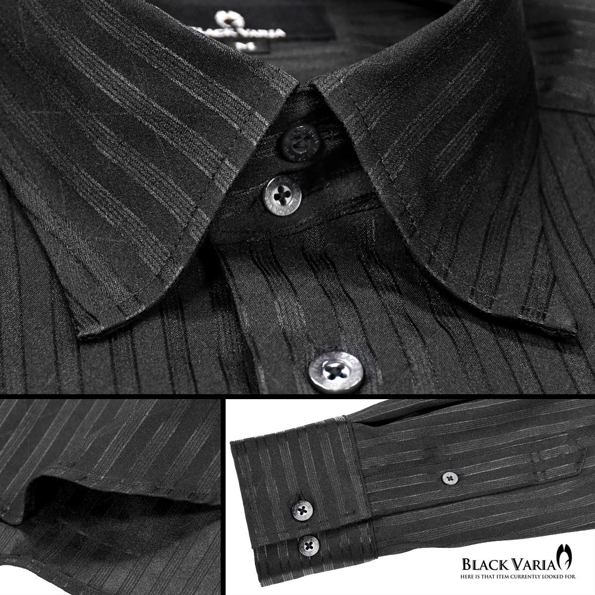 a191850-bk BLACK VARIA ドゥエボットーニ ストライプ柄 ジャガード織柄[レギュラーカラー]サテンシャツ メンズ(ブラック黒) XL お洒落_画像6