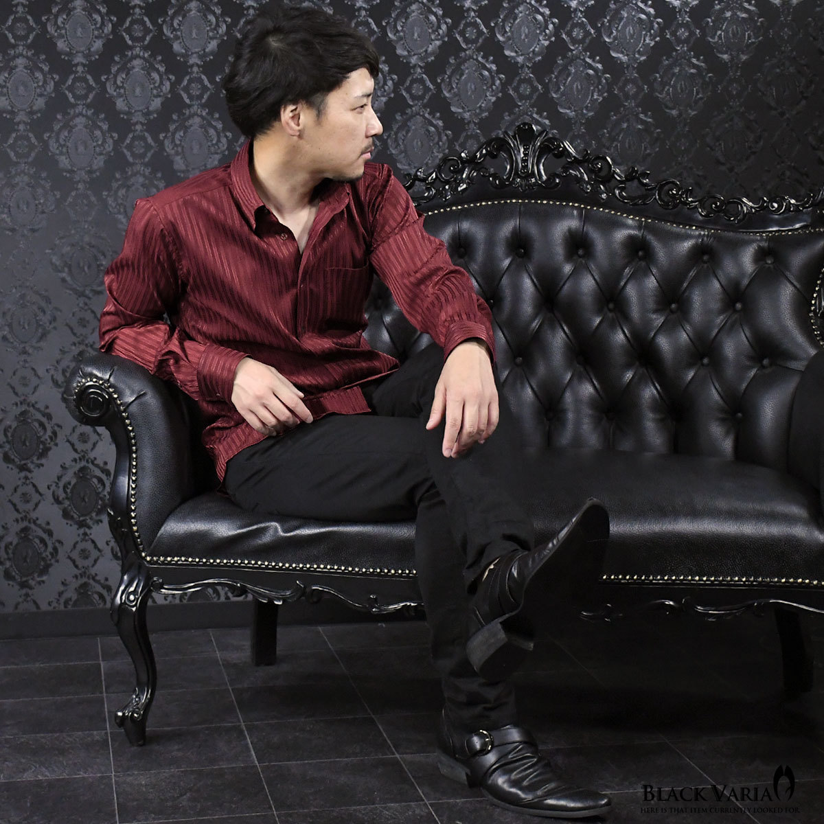 a191850-win BLACK VARIA ドゥエボットーニ ストライプ柄 ジャガード織柄[レギュラーカラー]サテンシャツ メンズ(ワインレッド赤) L_画像2