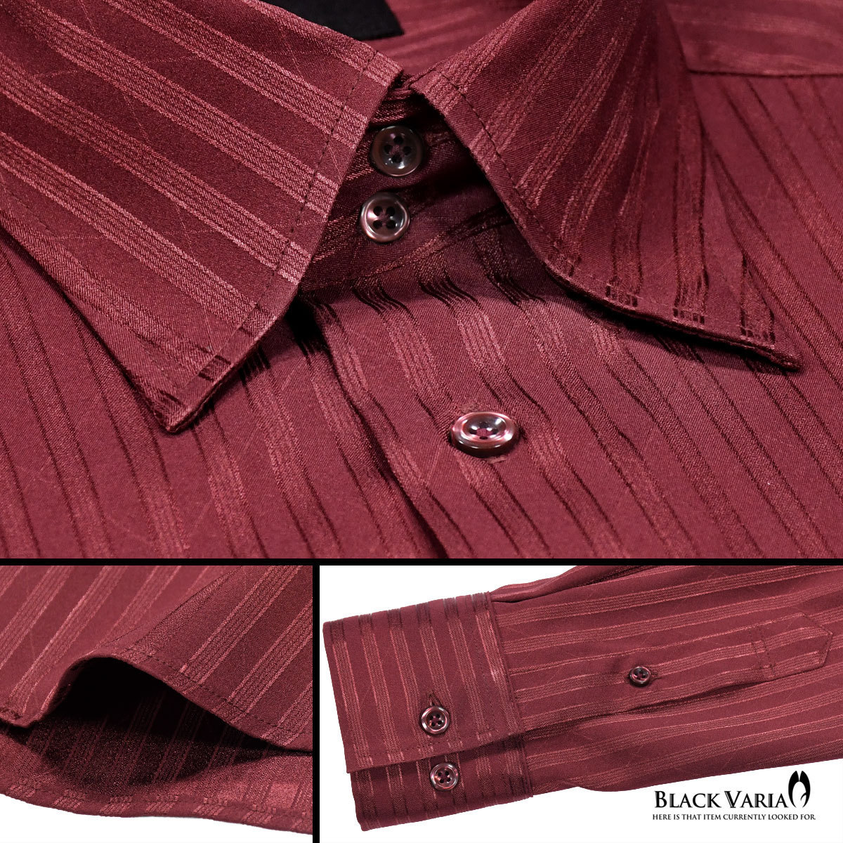 a191850-win BLACK VARIA ドゥエボットーニ ストライプ柄 ジャガード織柄[レギュラーカラー]サテンシャツ メンズ(ワインレッド赤) 3L_画像5