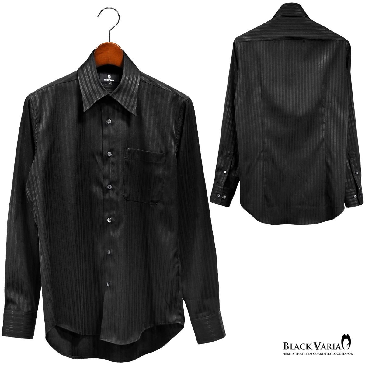 a191850-bk BLACK VARIA ドゥエボットーニ ストライプ柄 ジャガード織柄[レギュラーカラー]サテンシャツ メンズ(ブラック黒) 3L お洒落_画像7