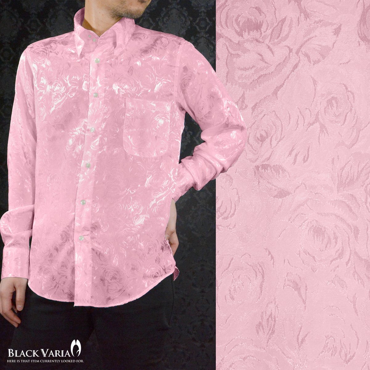 161222-pk BLACK VARIA ドゥエボットーニ 光沢 サテン 薔薇 ローズ 花柄 織柄 スナップダウン 長袖ドレスシャツ メンズ(ピンク) M_画像2