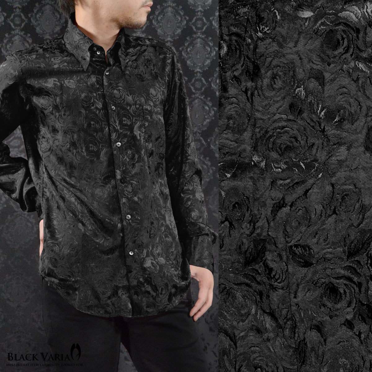 161222-bk BLACK VARIA ドゥエボットーニ 光沢ローズ花柄 織柄 スナップダウン 長袖シャツ メンズ(ブラック黒) S フォーマル_画像2