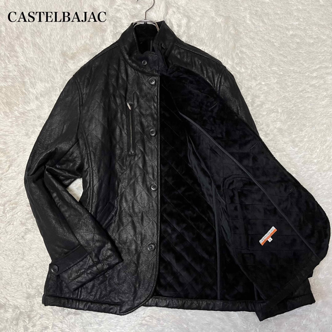 CASTELBAJAC　カステルバジャック　エコレザー　キルティングブルゾン　ロゴ刺繍　内側ボア　黒　ブラック　革