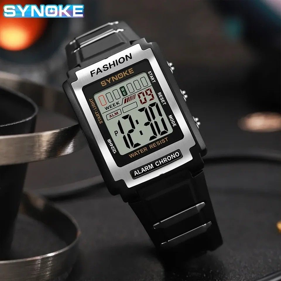 メンズ腕時計 新品 SYNOKE デジタルウォッチ 50M防水 サイヌーク 時計 ブラック&シルバー 男女兼用