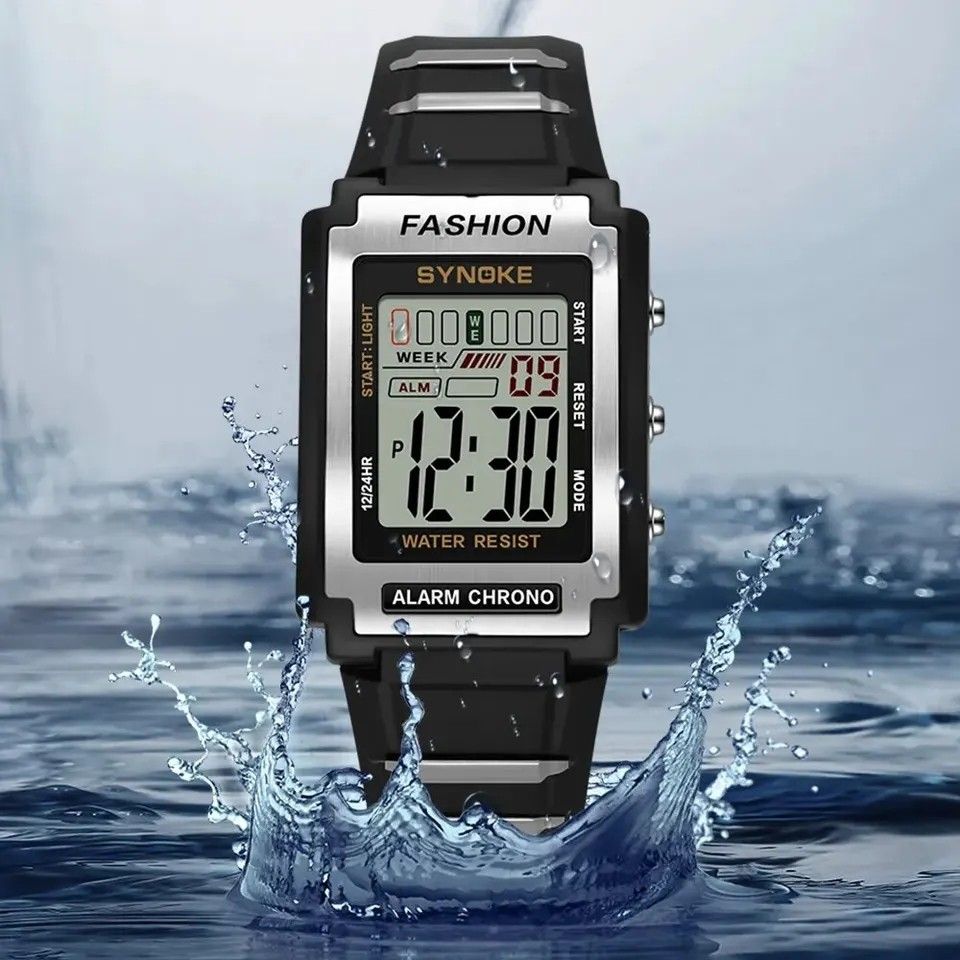 メンズ腕時計 新品 SYNOKE デジタルウォッチ 50M防水 サイヌーク 時計 ブラック&シルバー 男女兼用