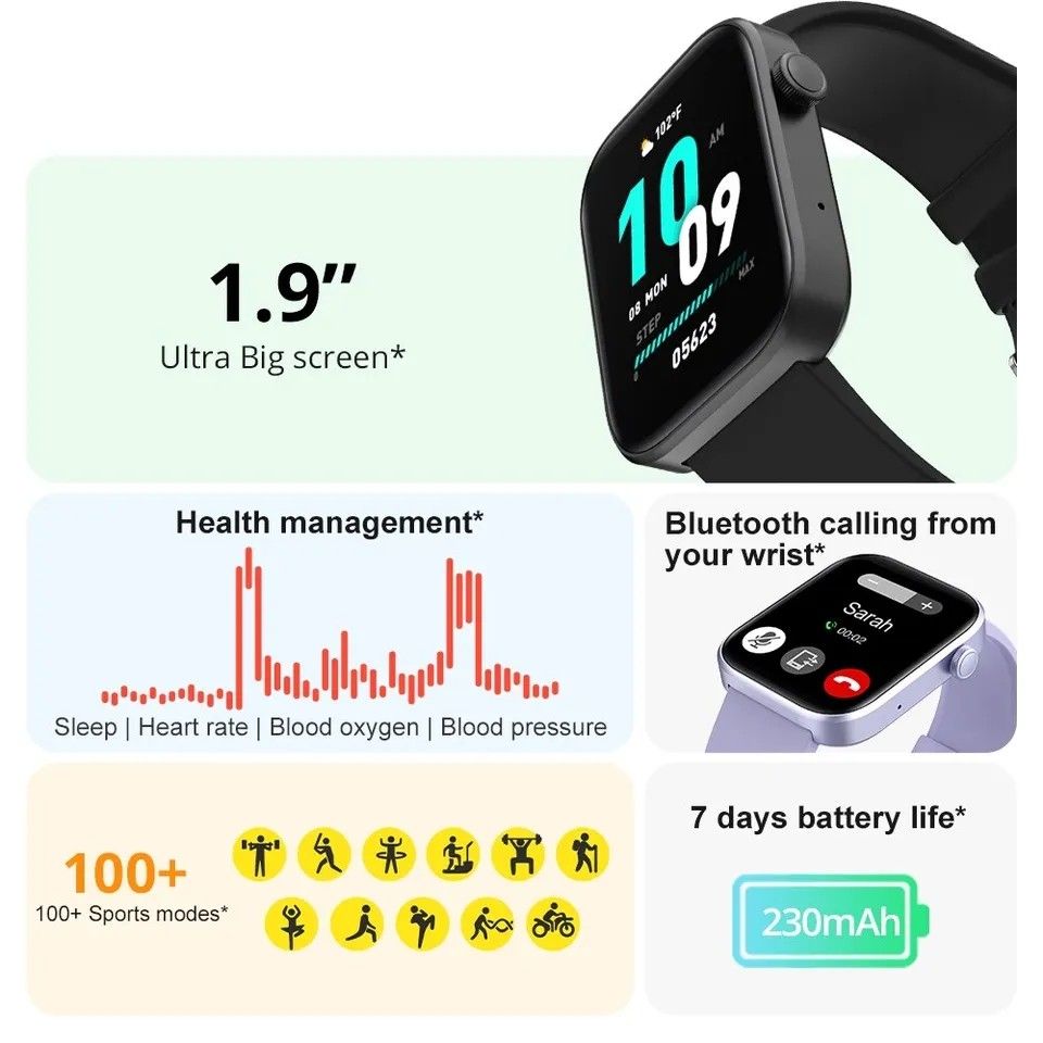 スマートウォッチ 新品 日本語対応 1.9インチ Android/ iPhone対応 通話機能付き 歩数/心拍/血圧計 ブラック