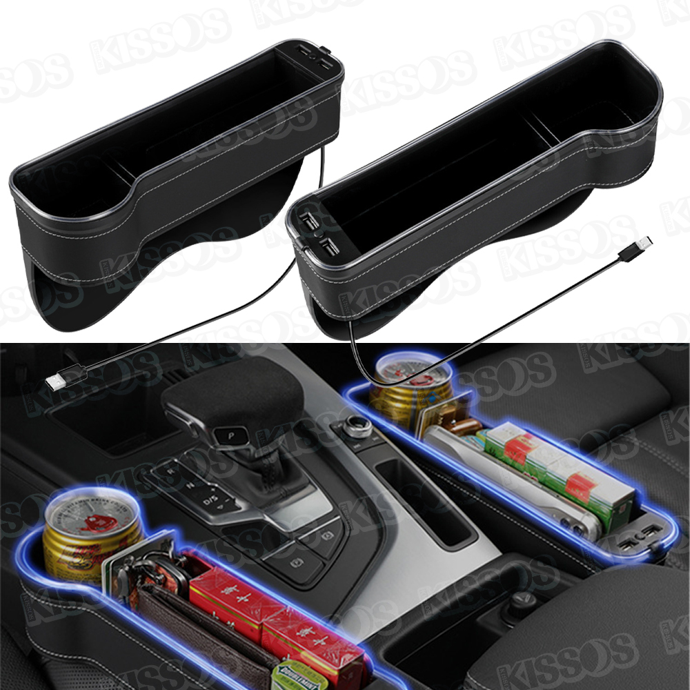車用 シート サイド ポケット コンソール ボックス 隙間収納 ホルダー USB イルミネーション ライト 運転席 助手席 2個セット (ブラック)_画像1