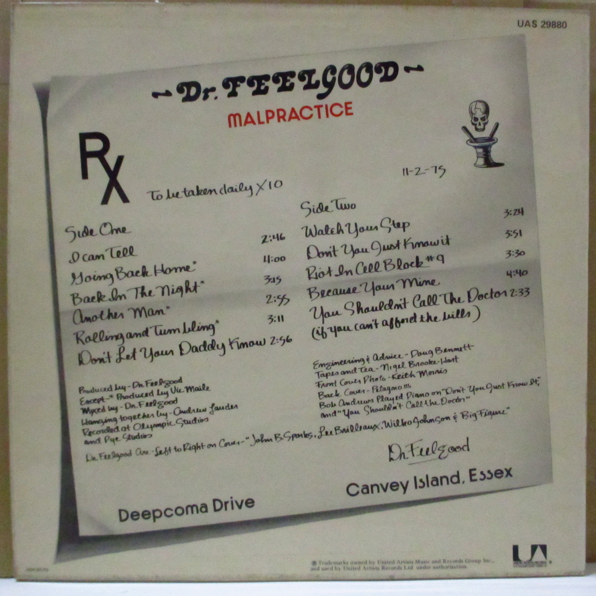 DR.FEELGOOD(ドクター・フィールグッド)-Malpractice (UK オリジナル LP/裏面プリンターコー_画像2