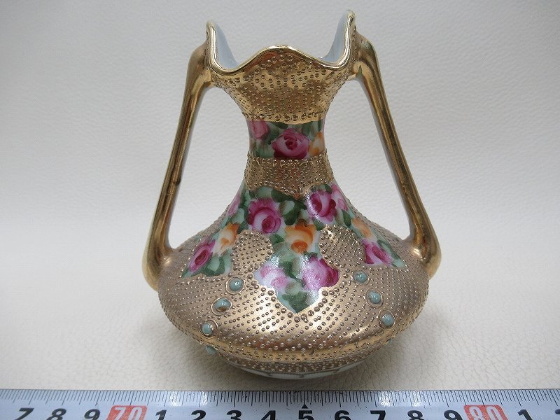 D0417 オールドノリタケ メープルリーフ印 金彩 盛上 ジュエル バラ文 花瓶 高さ11cm Noritake 17_画像1