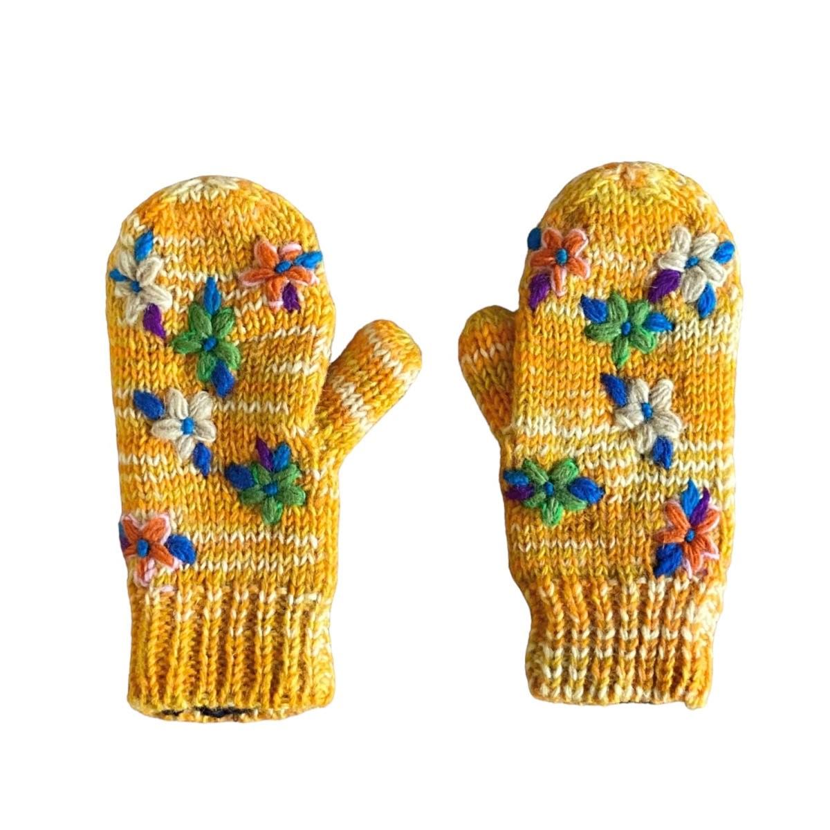 ②エスニック ネパール製 ニットミトン手袋 ハンドウォーマー ウール グローブ プチブーケ 小花柄 花柄 防寒対策 イエロー
