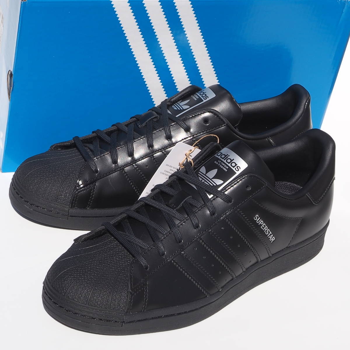 デッド!! US 12 / 30cm 新品 23年製 adidas SUPERSTAR スーパースター 黒x銀 ガラスレザー 天然皮革_画像2