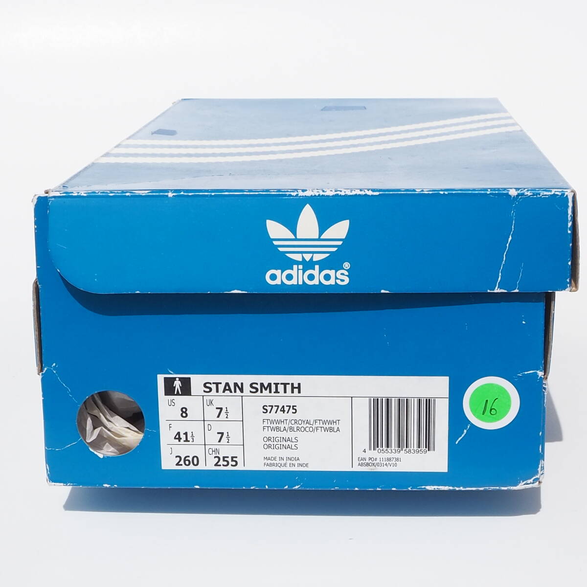 デッド！新品！US 8 / 26cm 限定 15年 adidas Originals STAN SMITH スタンスミス ガラスレザー 白 x 黒 天然皮革レザー　青ベロ_画像10