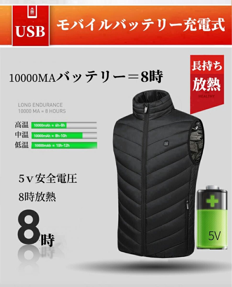 【ダークグレー・Sサイズ】電熱ベスト 3段階調温 ヒーたー4枚 電熱ジャケット ヒーター usb給電 加熱ベスト 洗える 男女兼用