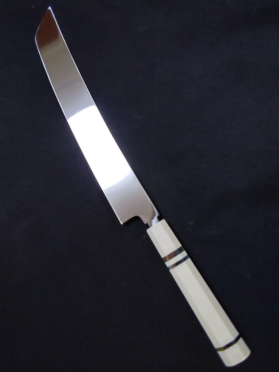 城山刃物制作所(堺業(yè)務(wù)用刃物メーカー直売)九寸　剣型先丸　銀三本焼き　三面完全ウルトラ鏡面　新作銀巻き柄　鞘付き(ピン付き)