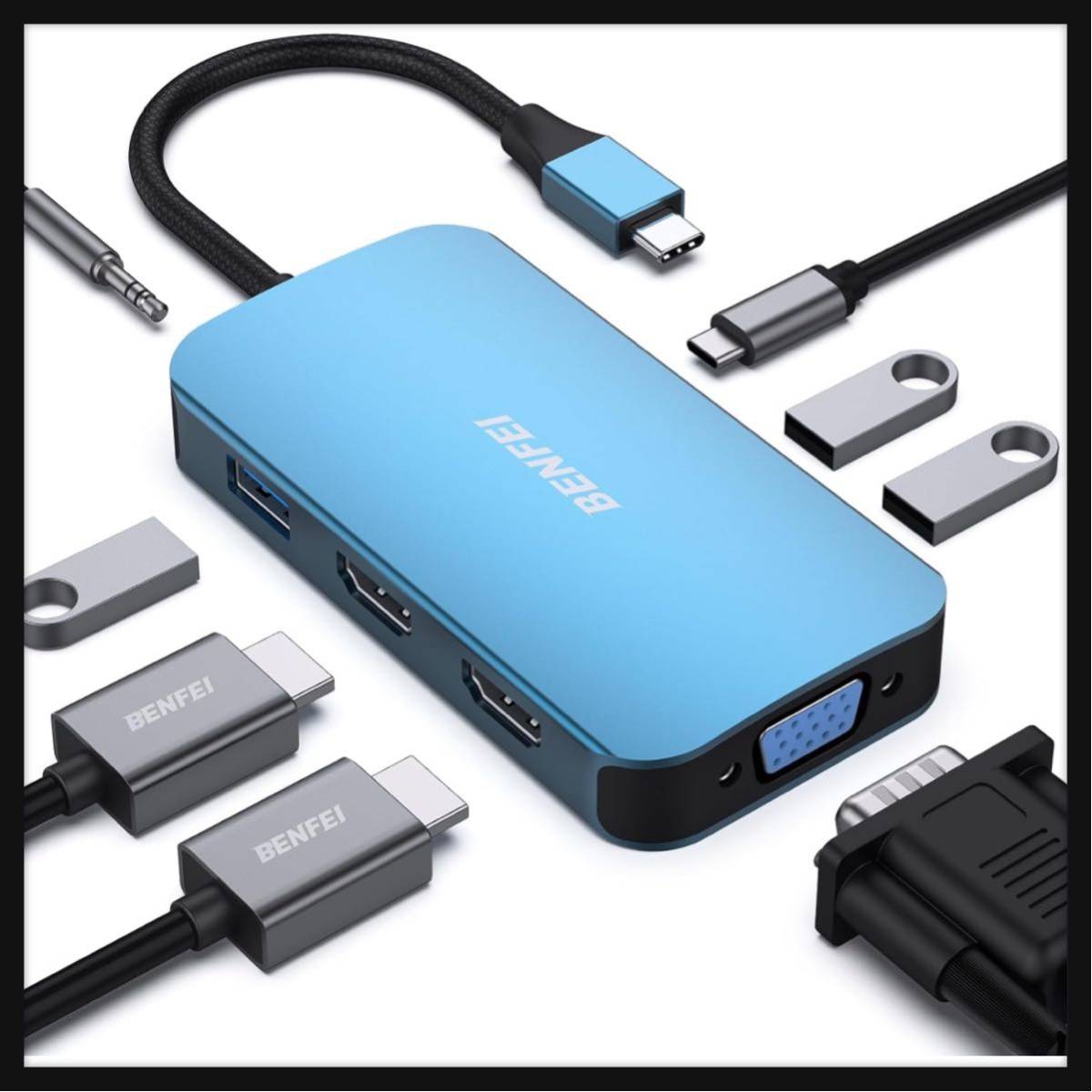 [ breaking the seal only ]BENFEI *USB C 8-in-1 hub do King station,MST 2*HDMI VGA USB-C 3*USB 3.0 100W PD charge 3.5mm Aux audio 