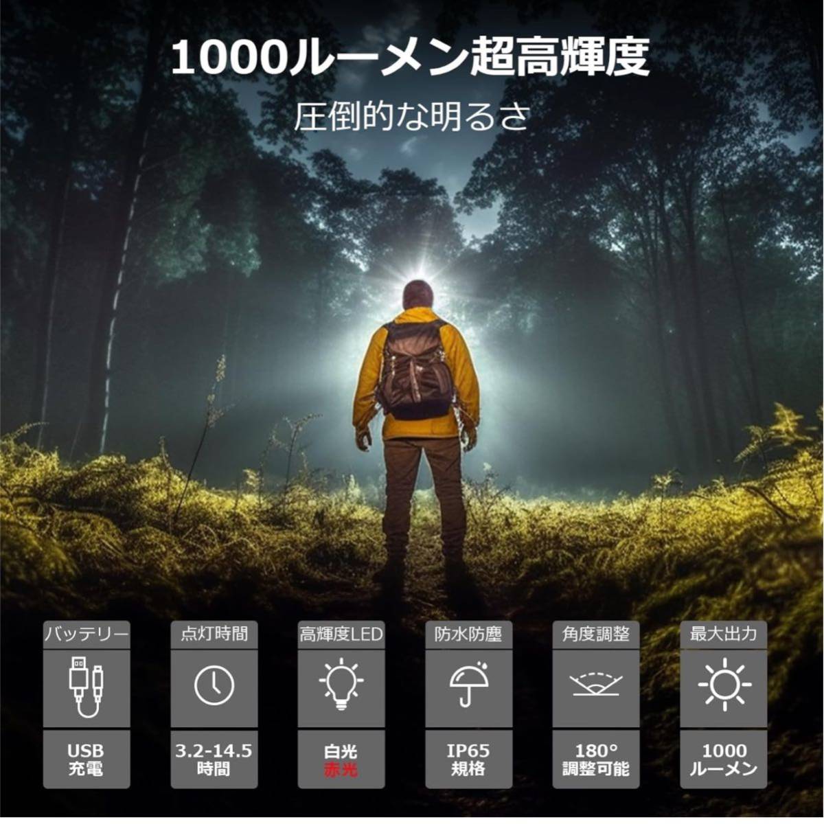 【開封のみ】Lepro ★ヘッドライト 充電式 LED ヘッドランプ 超高輝度 ledヘッドライト 釣り 登山 【600-1000ルーメン/白光＆赤光の画像2