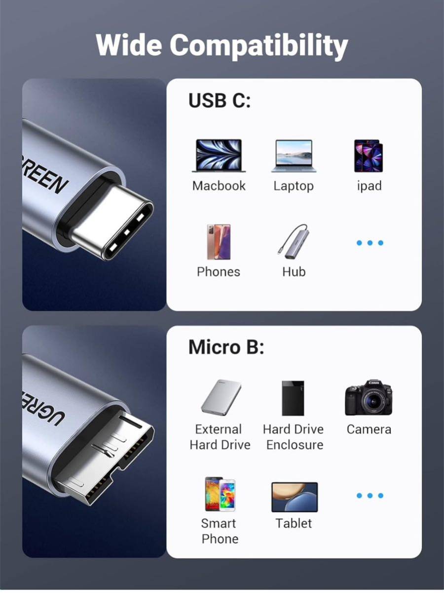 【開封のみ】UGREEN ★USB C to Micro Bケーブル USB 3.1 10Gbps高速データ転送 外付けhddケーブル マイクロB変換ケーブル 外付けHDD -2m_画像2