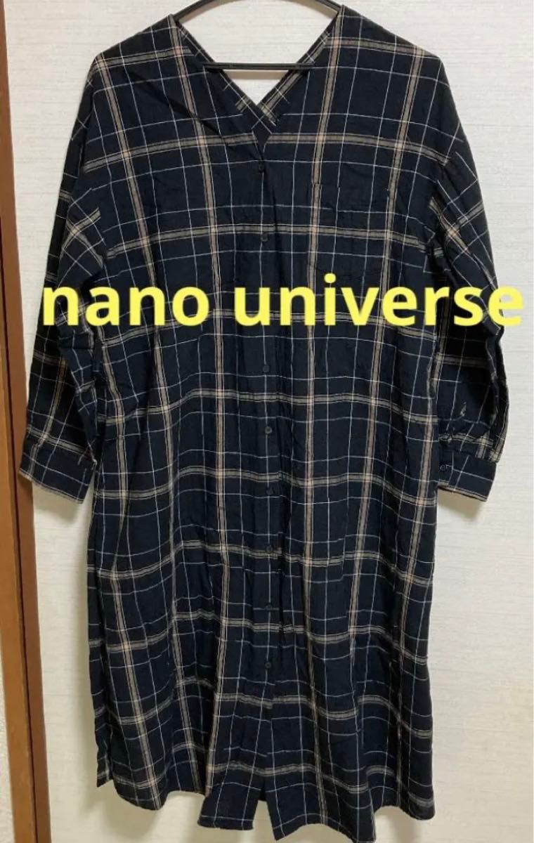 nano universe ブラック　チェック　ロング　シャツ　ワンピース