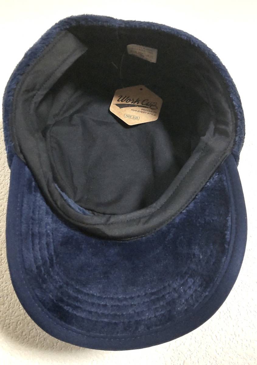 ★新品 未使用 Work Cap ワークキャップ フリーサイズ 59㎝ メンズ レディース 男女兼用 無地 ネイビー 紺色 ブルー系★帽子 モコモコ ボア_画像4