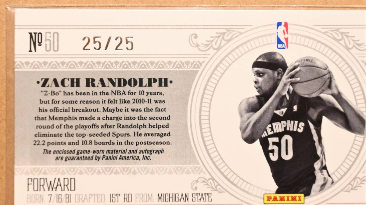 Zach Randolph (ザック・ランドルフ) 2011 ジャージ サイン AUTO 25枚限定 ラストナンバー トレーディングカード 【NBA,グリズリーズ】_画像4