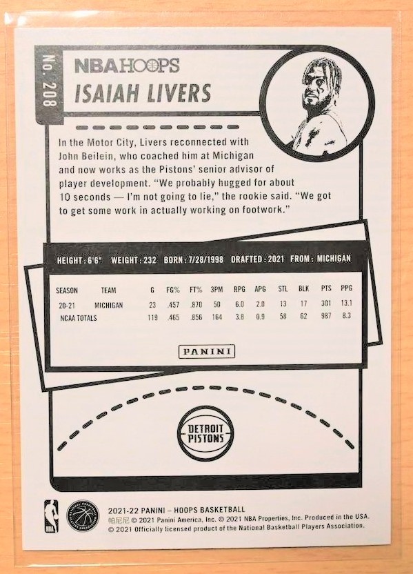 ISAIAH LIVERS (アイザイア・リバース) 2021-22 NBA HOOPS RC ルーキー トレーディングカード 【デトロイト・ピストンズ Detroit Pistons】_画像2