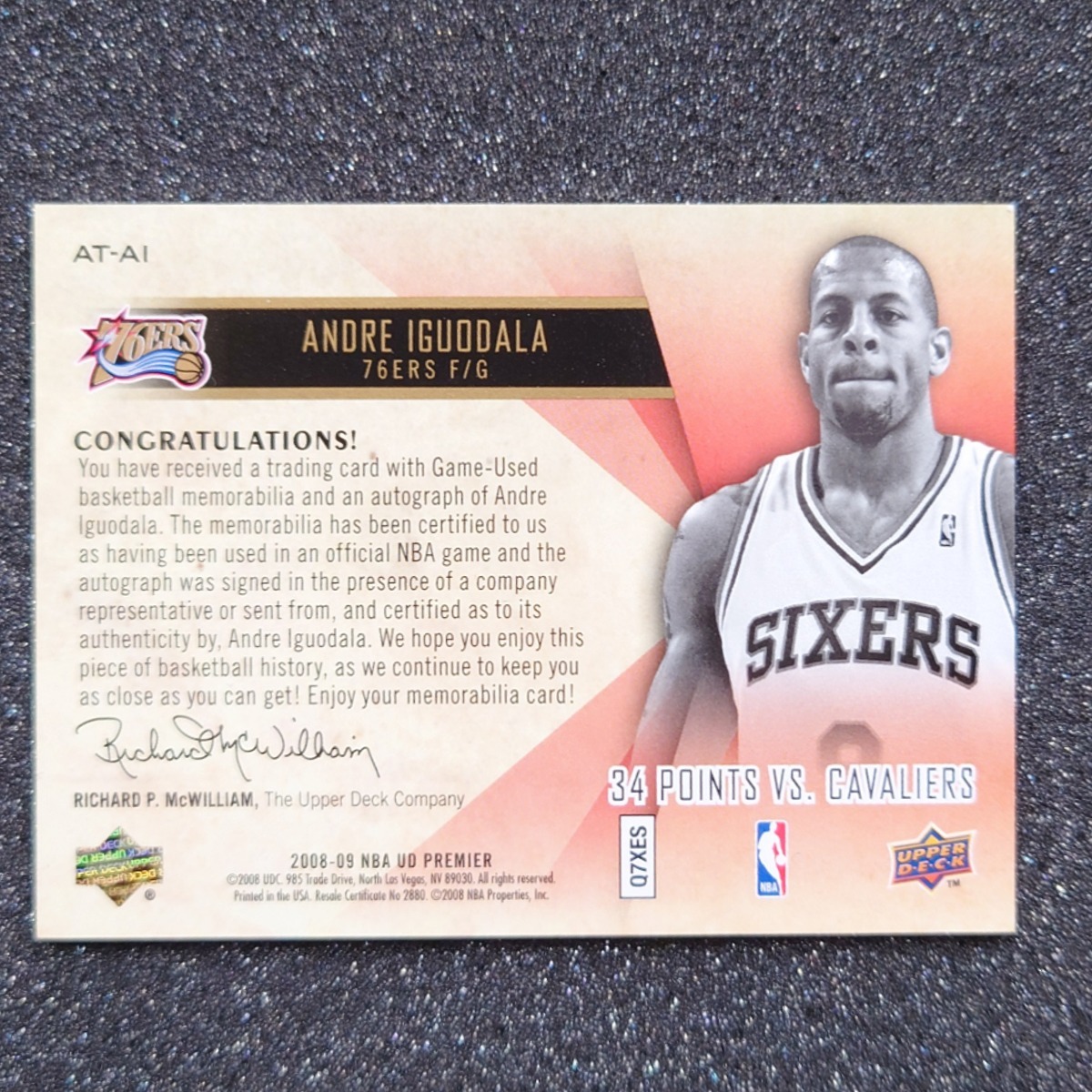 ◆【Auto card】Andre Iguodala 2008-09 UD Premier Premier Attractions card#AT-AI 50枚限定　◇検索：アンドレ・イグダーラ 直筆サイン_画像2