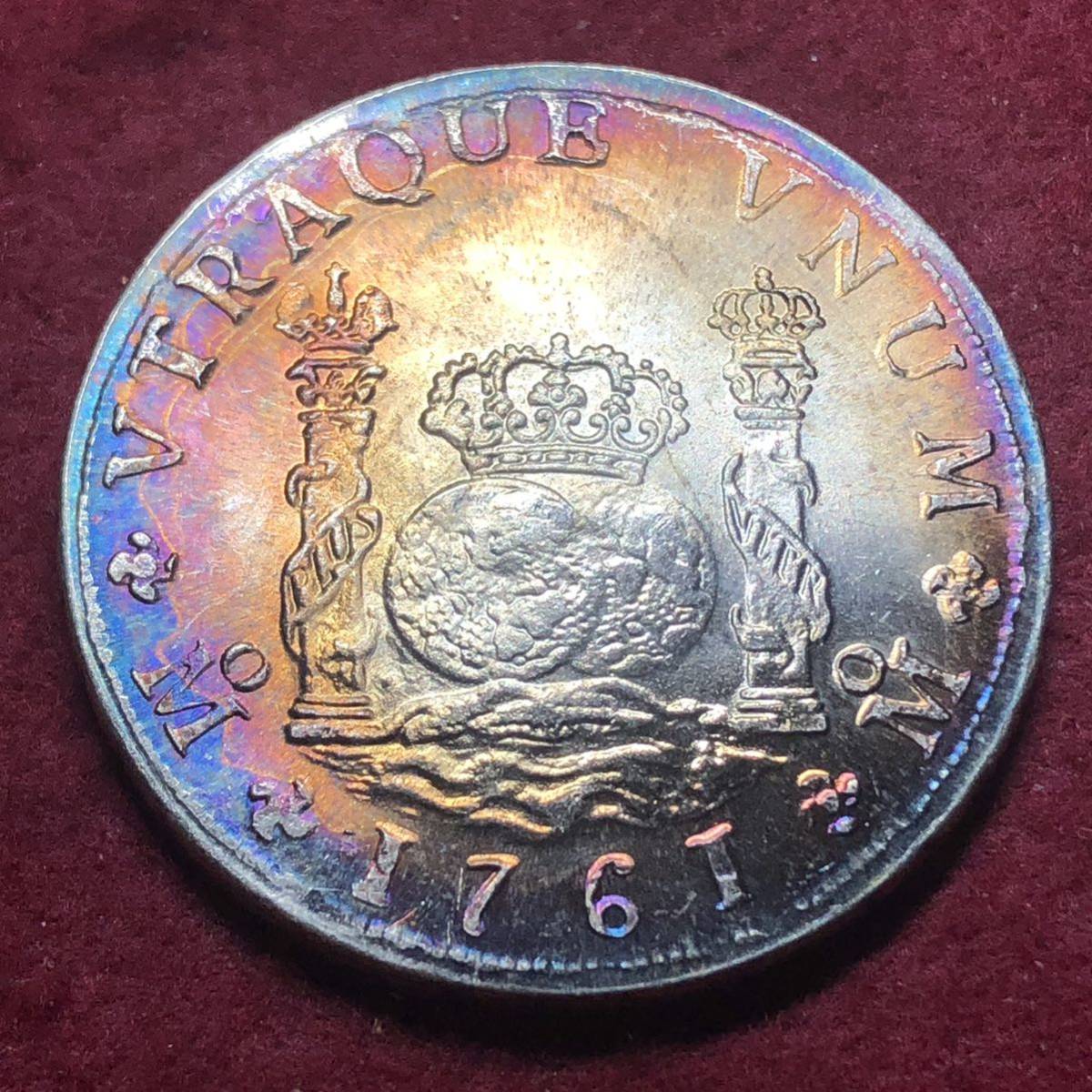 メキシコ　1761年　2レアル　ピラーダラー銀貨　カルロス3世 古銭 貿易銀　大型銀貨_画像1