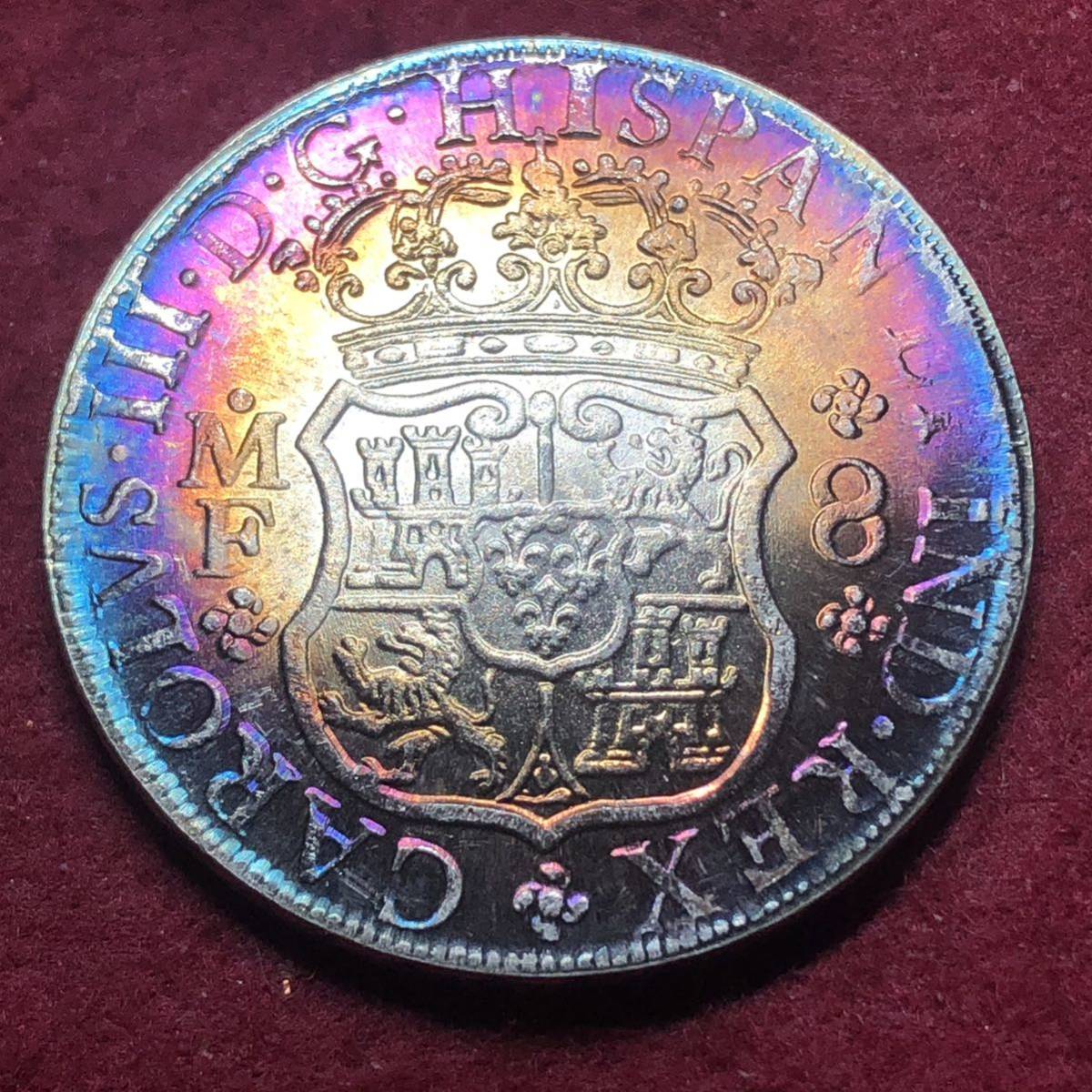 メキシコ　1761年　2レアル　ピラーダラー銀貨　カルロス3世 古銭 貿易銀　大型銀貨_画像2