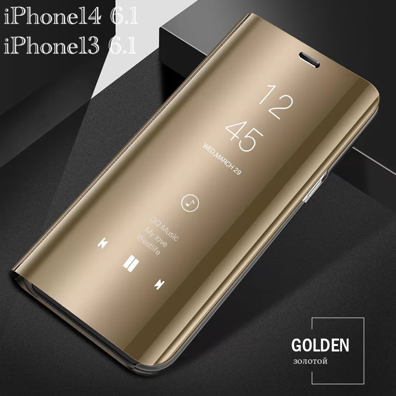 iPhone14 iPhone 13 スマホケース 手帳型ケース ミラーケース 光沢 鏡面 反射 鏡面加工 液晶フィルム付き スケルトン 耐衝撃 ゴールドの画像1