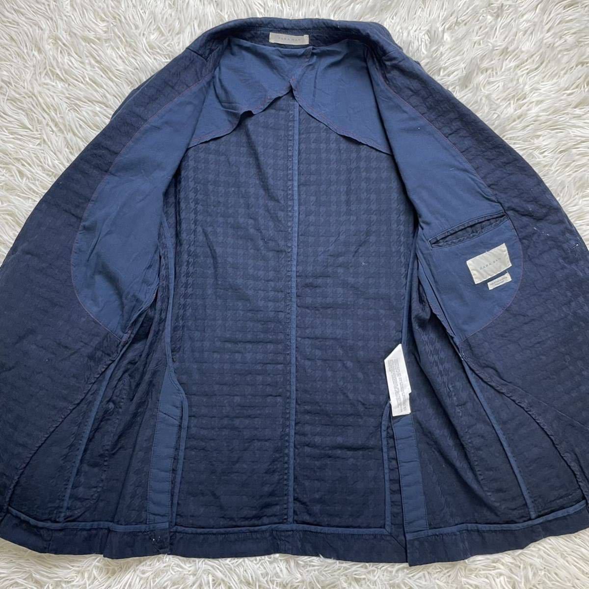 超希少XL 52 ザラ【圧倒的高級感】ZARA テーラードジャケット ネイビー 2B ストレッチ 大きいサイズ 千鳥柄 アンコン _画像3