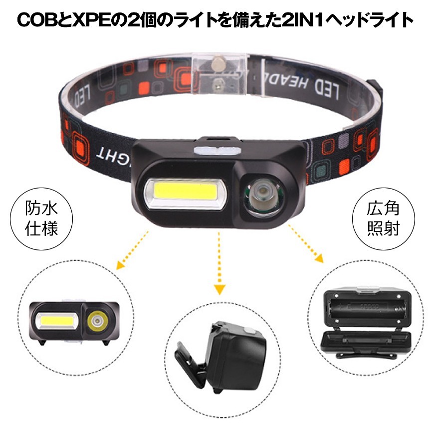 2個セット ヘッドライト 充電式 2IN1 超強力 LED ヘッドランプ 釣り 登山 アウトドア キャンプ COB XPE 非常灯 HEADCOB_画像2