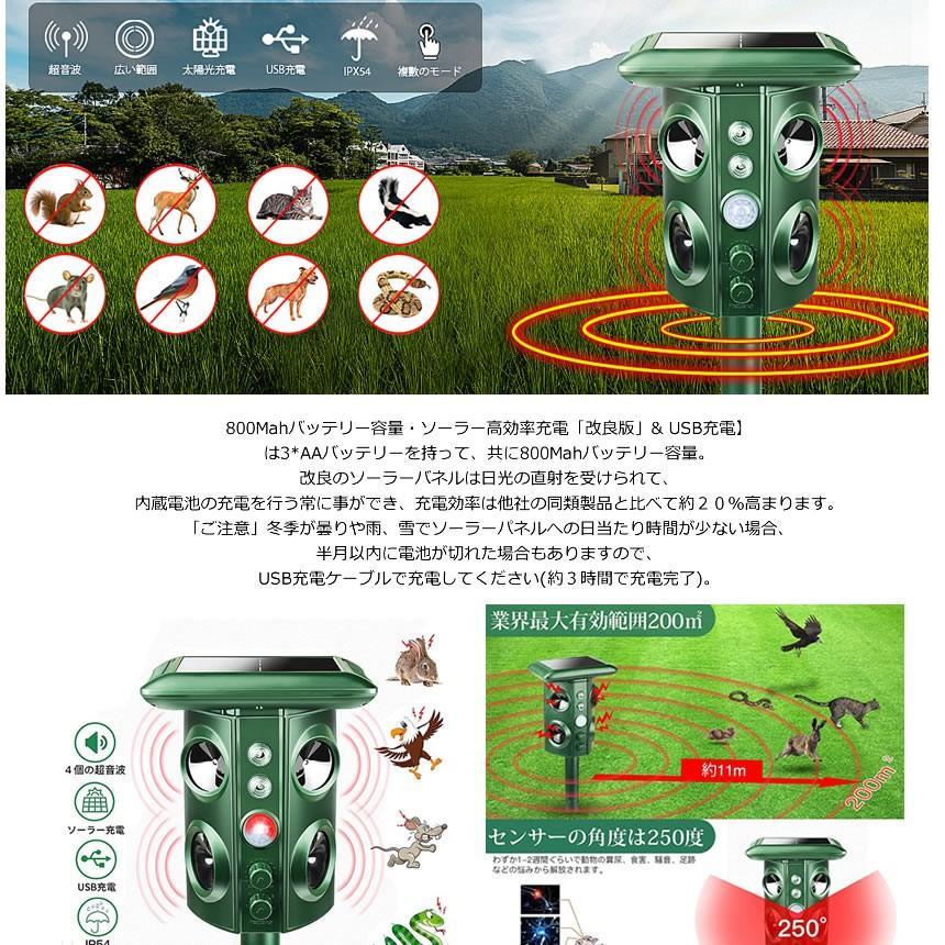 動物撃退器 害獣撃退 4個超音波スピーカー 広範囲 強力LEDフラッシュ 野良犬 猫よけ カラス 鳥 ネズミ ５つのモード GEKITAI_画像4