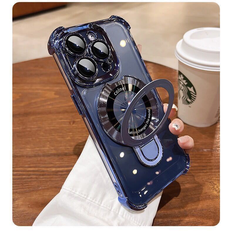 iPhone 15 クリアケース アイフォン15 ケース iPhone15 カバー 透明 メッキ加工 耐衝撃 レンズ保護 スタンド付き MagSafe充電 選べる5色 b