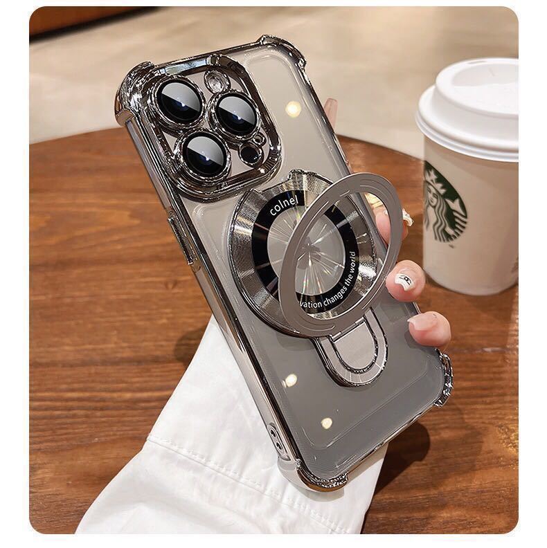 iPhone 13 クリアケース アイフォン13 ケース iPhone13 カバー 透明 メッキ加工 耐衝撃 レンズ保護 スタンド付き MagSafe充電 選べる5色 b_画像4