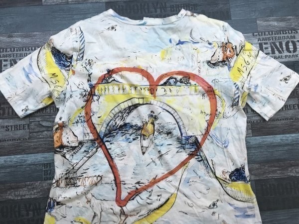 MSGM × YOOX レディース 綿 総柄 プリント 半袖Tシャツ S うすい水色×黄色×オレンジ_画像3