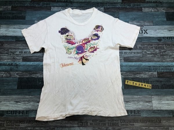 ノーブランド メンズ HAWAII 熱帯魚プリント 半袖Tシャツ 白_画像1