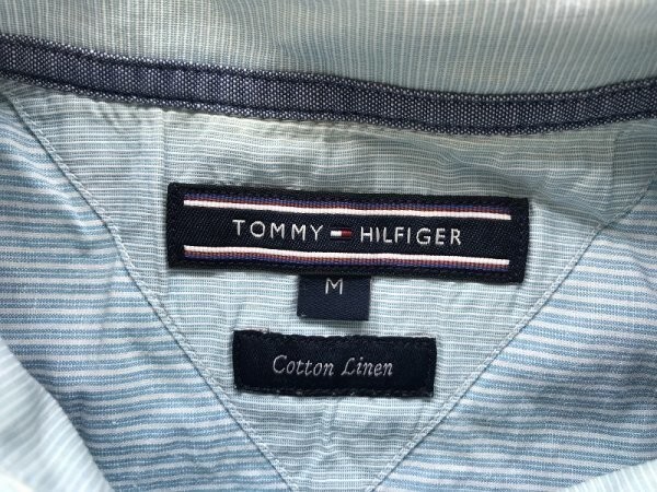 TOMMY HILFIGER トミーヒルフィガー メンズ ストライプ ワンポイント刺繍 ボタンダウン 半袖シャツ M 水色白_画像2