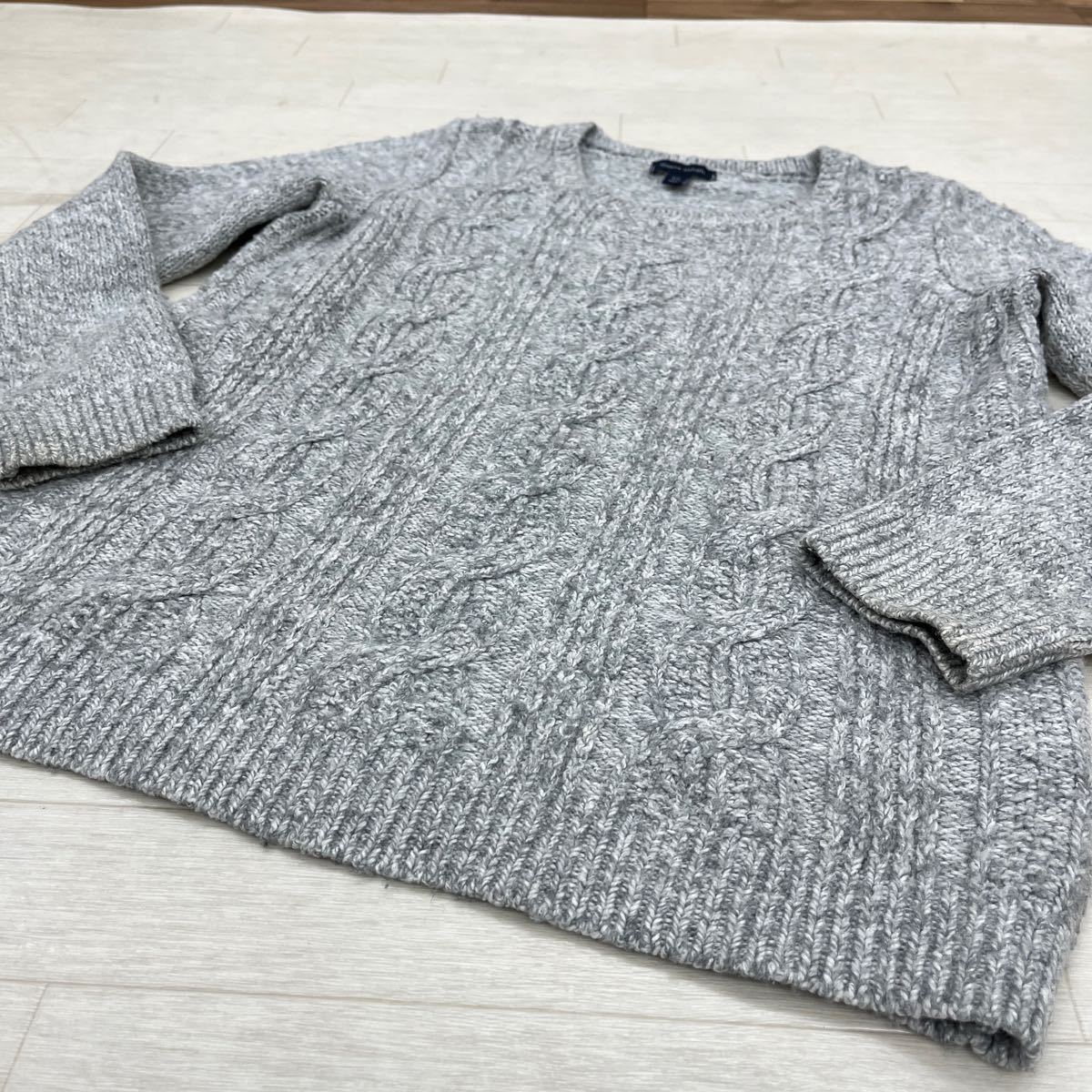 1359◎ TOMMY HILFIGER トミーヒルフィガー トップス プルオーバー ニット セーター ケーブル編み 長袖 グレー レディースL_画像3