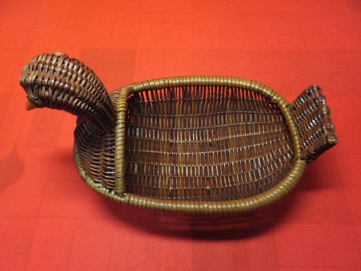 当時もの 昭和レトロ　ラタン 籐製 編みかご バスケット 小物入れ　水鳥　全長約24cm　中古_画像6