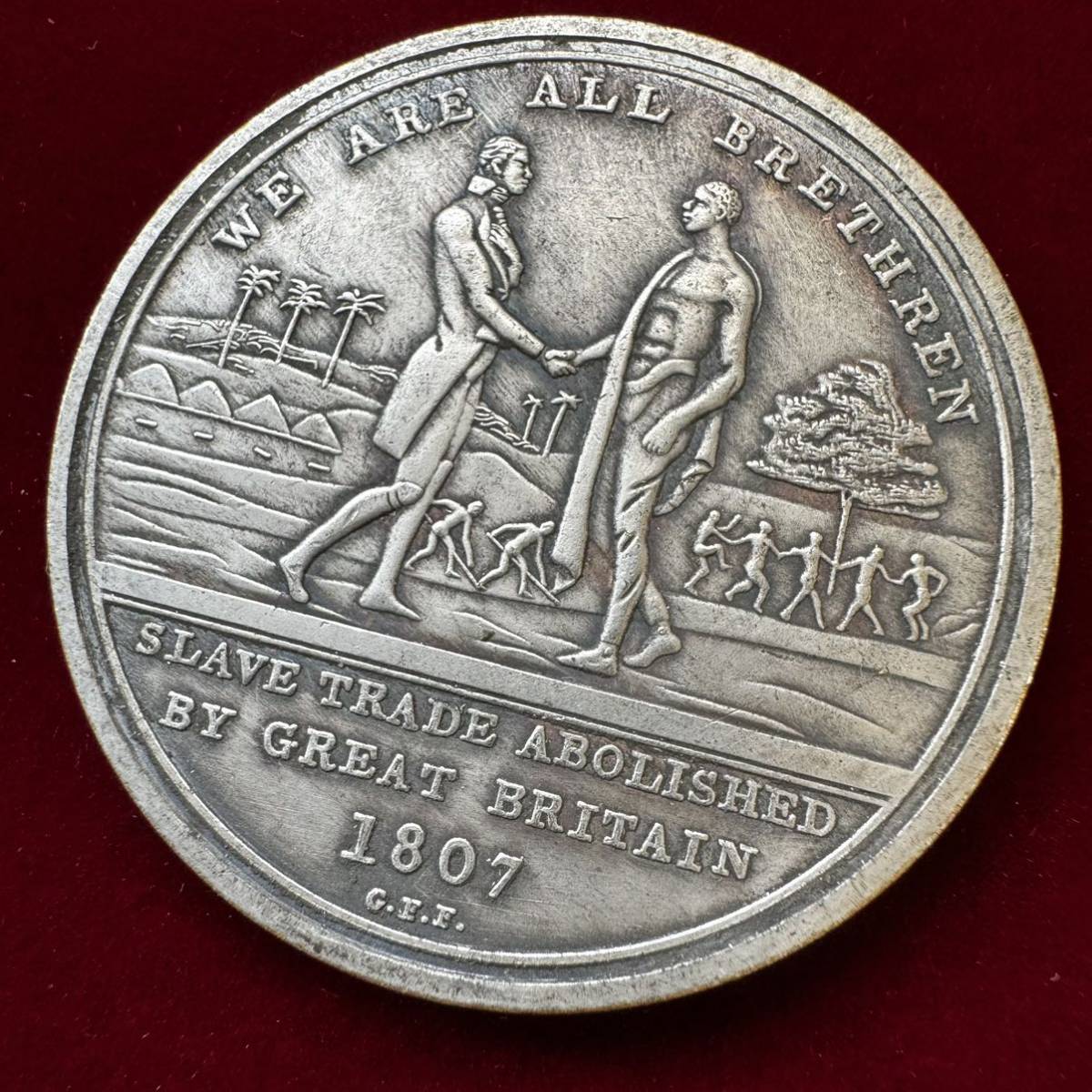 1円スタート　古銭　シエラレオネ　硬貨　 ジョージ 3 世　1807年　イギリス　奴隷貿易廃止　英国将校　奴隷　握手　アラビア語　コイン　_画像1