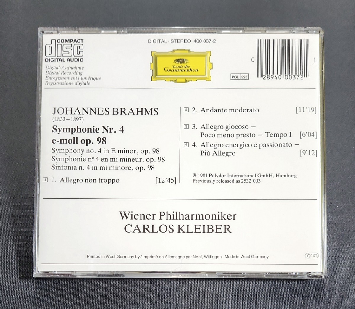 【400 037-2/独盤】カルロス・クライバー、VPO/ブラームス：交響曲第4番 ホ短調　C.Kleiber/Brahms Symphony　Germany_画像2