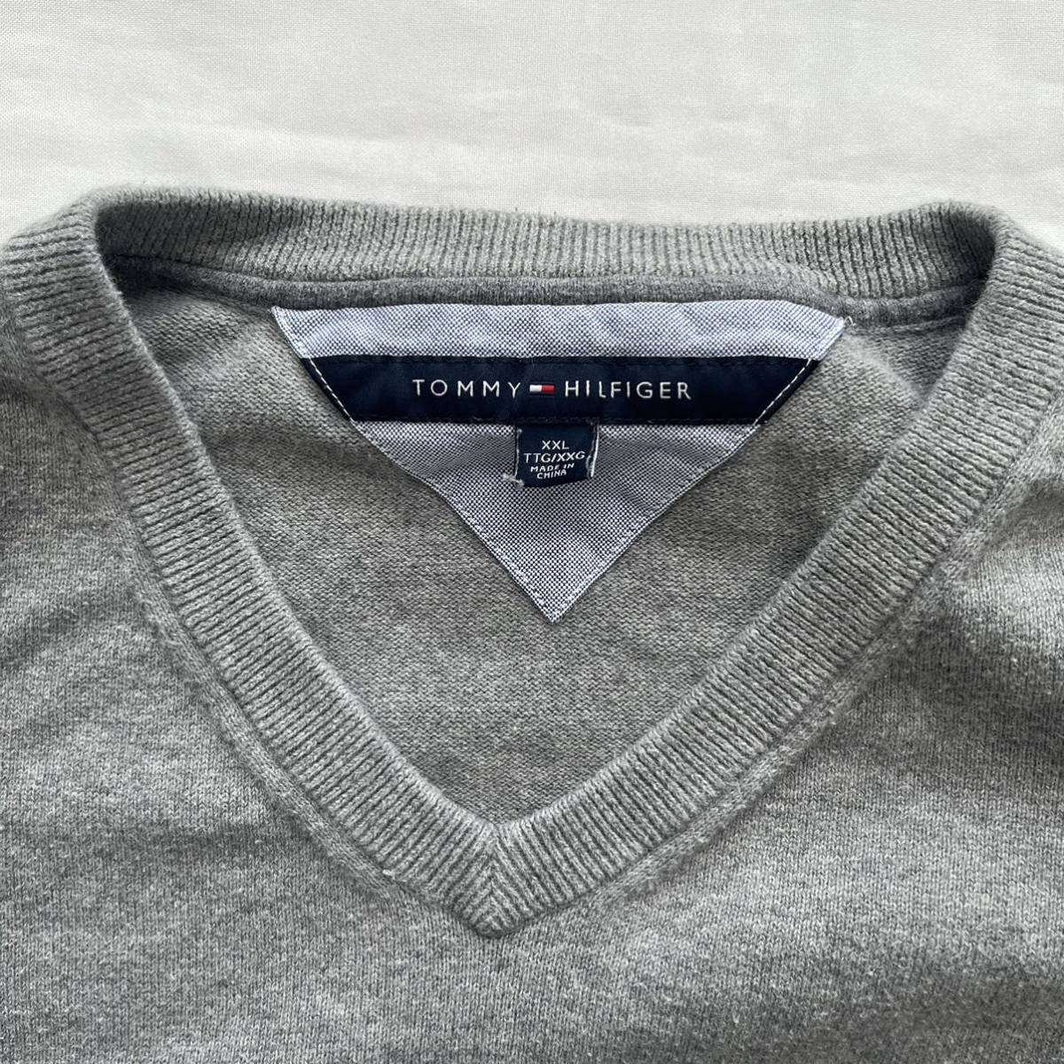 トミーヒルフィガー TOMMY HILFIGER ニット グレー 古着 Vネック 長袖 XXLサイズ 送料込