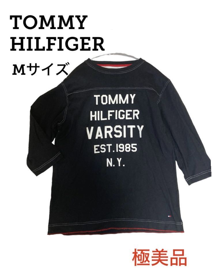 【極美品 即日発送】TOMMY HILFIGER ロゴ プリント ブラック 5袖 Tシャツ トミー ヒルフィガー Mサイズ varsity_画像1