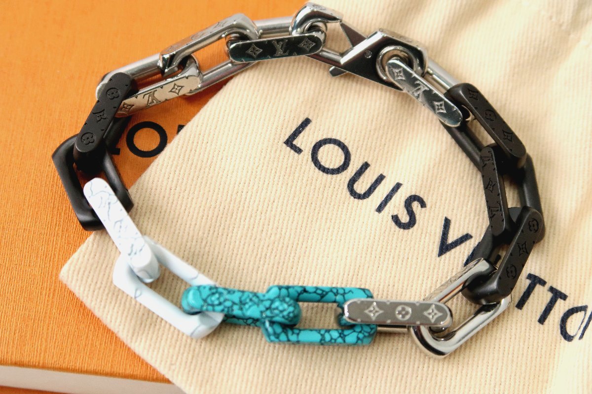  regular price 10.5 ten thousand jpy about unused super-beauty goods Vuitton M1042L brass re monogram L chain bracele bangle turquoise marble men's 